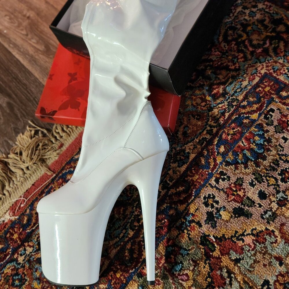 New Pleaser White Vinyl Thigh High Flamingo 3000 8" Pole Boots